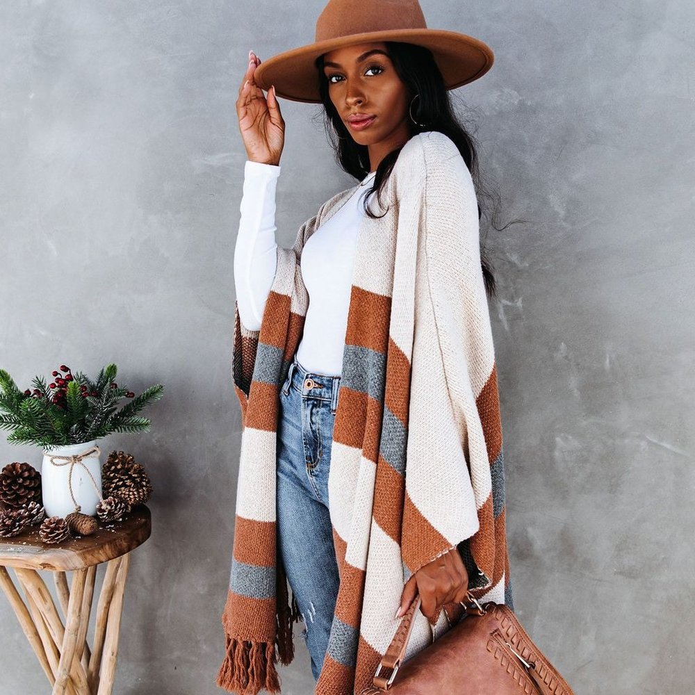 New Western Stripe Fringe Poncho Blanket Cardigan Sweater - Picture 6 of 7